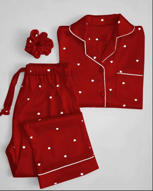 SilkSecret Women’s Premium Satin Night Suit – Purple Heart Printed Pajama Set with Scrunchie