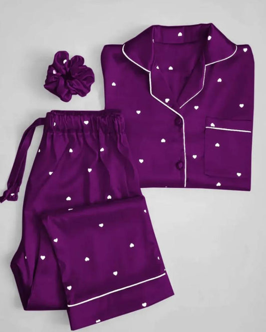 SilkSecret Women’s Premium Satin Night Suit – Purple Heart Printed Pajama Set with Scrunchie