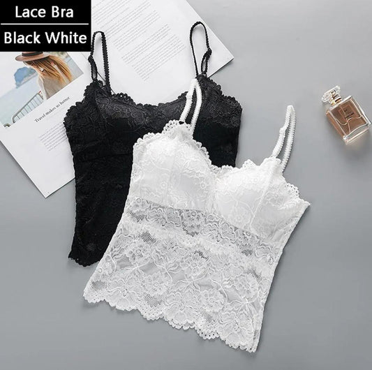SilkSecret Women’s Lace Camisole Bralette – Elegant Black & White Lace Crop Top