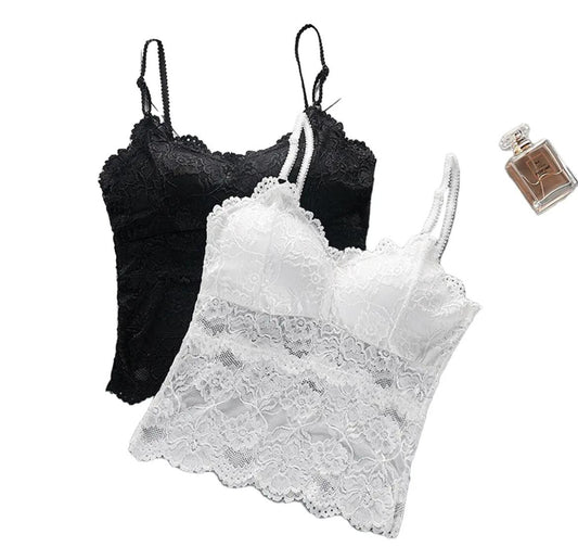 SilkSecret Women’s Lace Camisole Bralette – Elegant Black & White Lace Crop Top