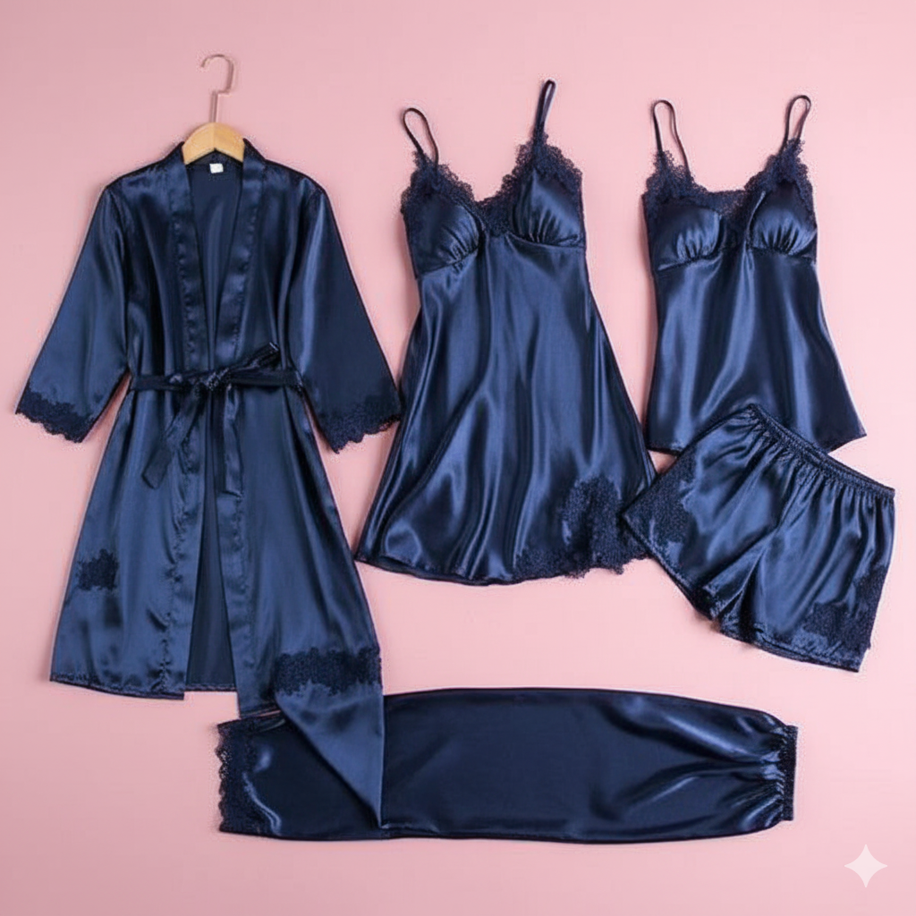SilkSecret Women’s Satin Sleepwear Set – Navy Blue